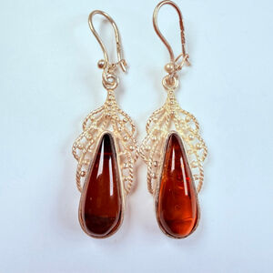 USSR Marked Baltic Cognac Amber Boho Sterling Silver Vintage Web Rope Earrings